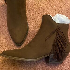JustFab Tan Fringe Ankle Booties